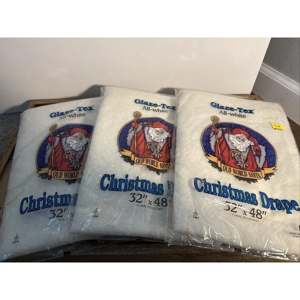 VTG NWT Glaze Tex Christmas Drape Old World Santa Set Of 3 All White 32x48